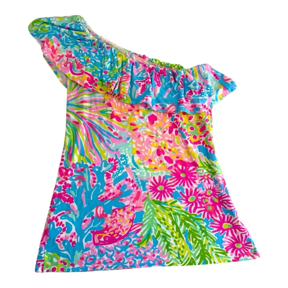 Lilly Pulitzer Neveah Vibrant Pink Blue Green Floral One Shoulder Top XXSmall - Picture 3 of 8